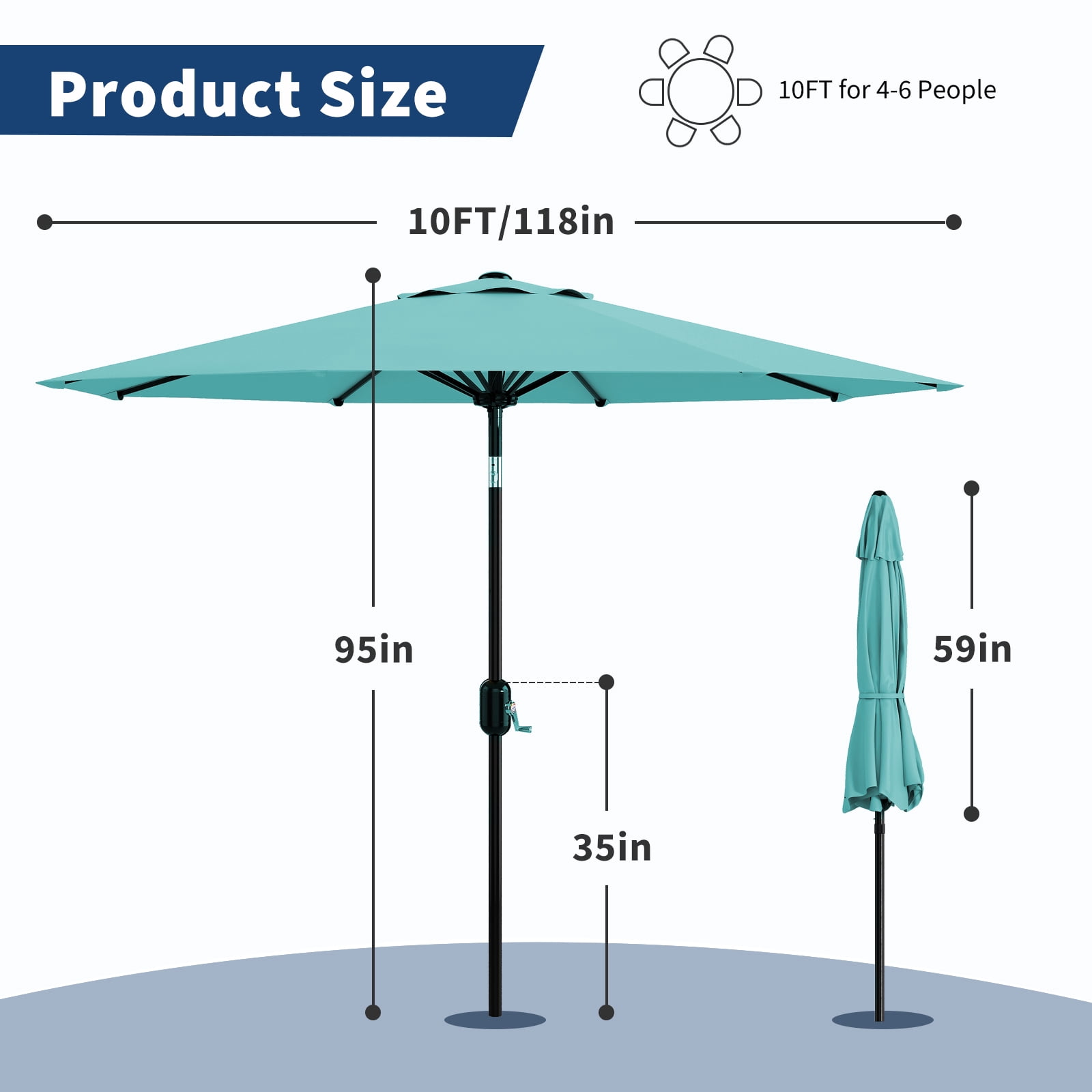 10FT Patio Umbrella Outdoor Market Sun Parasol – 8 Sturdy Ribs, 360° Adjustable Tilt & Crank, UV Protection, Waterproof, Table Shade for Deck, Pool, Garden, Camping