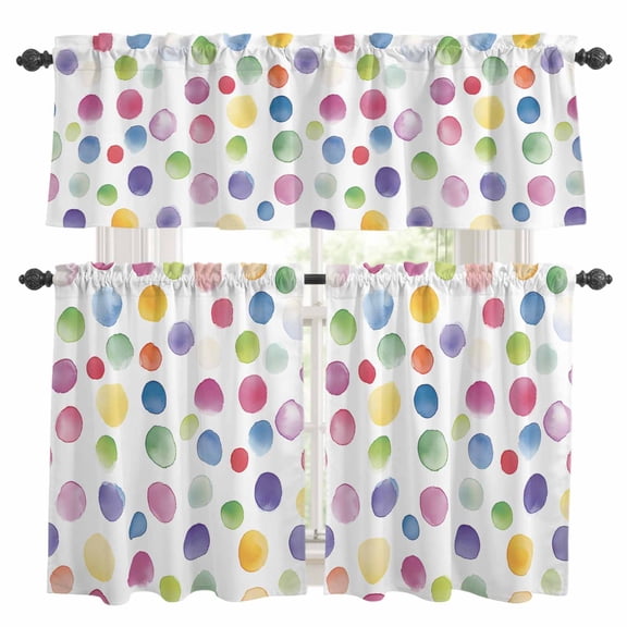 Boho Polka Dots Kitchen Curtains Sets for Windows 24 Inch Length, Ombre Purple Blue Pink Green Watercolor Rod Pocket Window Treatments Tier Curtains and Valances Set for Bedroom/Bathroom