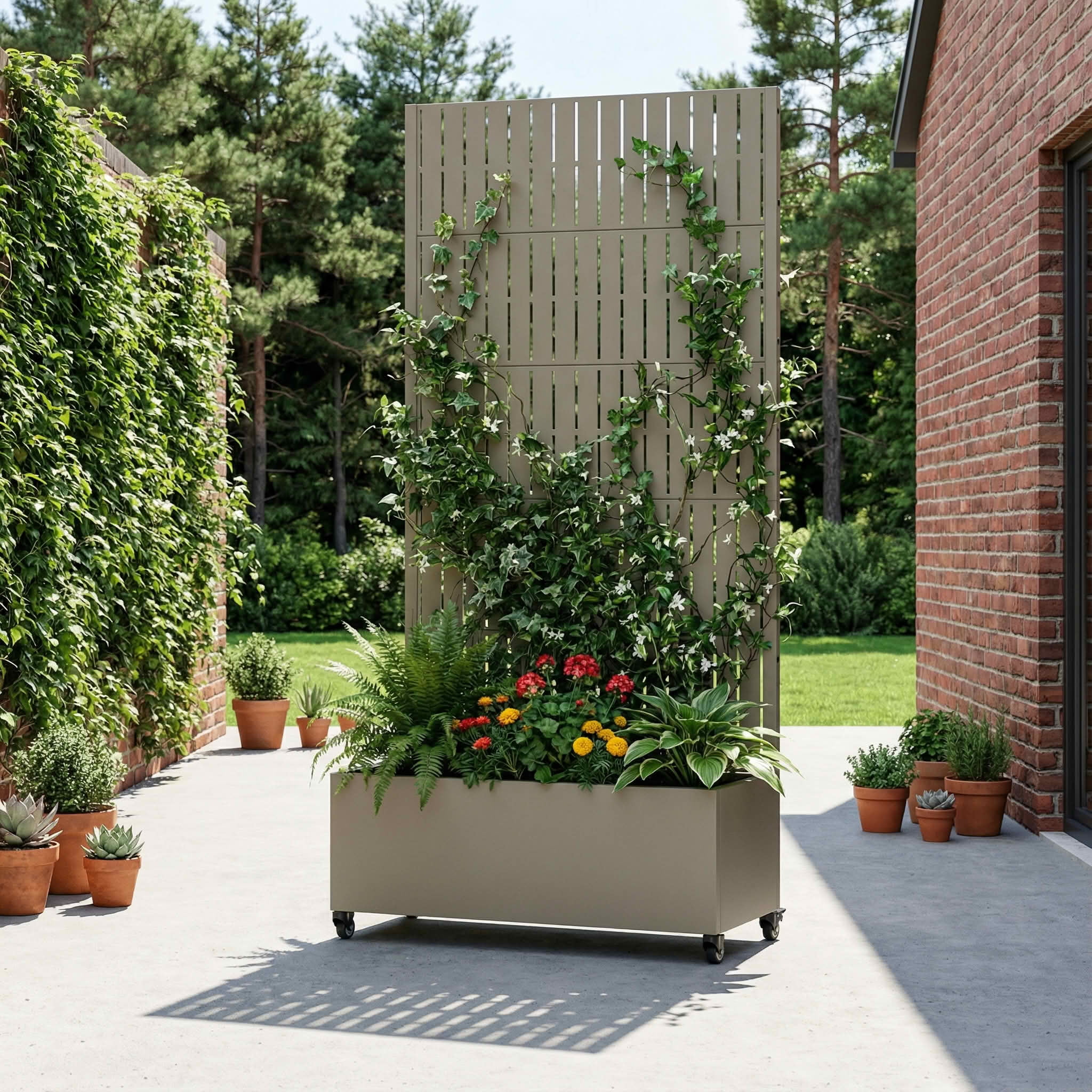 MAYEERTY 72X35" Metal Outdoor Olive Gray Privacy Screen with Planter Box for Backyard & Garden, 5 Piece Set