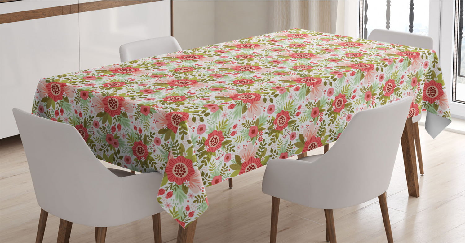 Retro Style Violet Flowers and Buds Springtime Pattern on Polka Dots Mauve Green Ambesonne Garden Art Tablecloth 52 X 70 Rectangle Satin Table Cover Accent for Dining Room and Kitchen