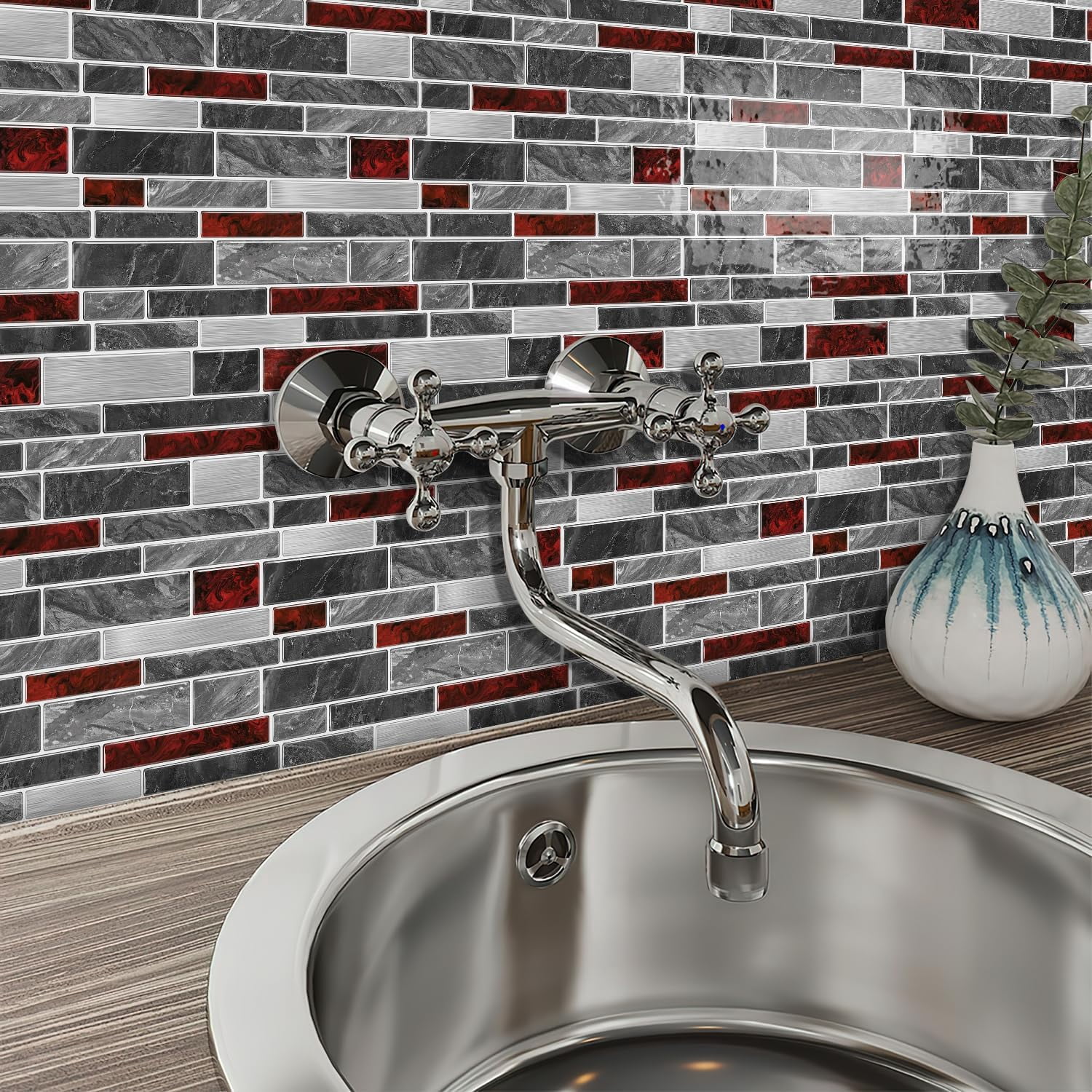 10 Sheets 12" x12inch Black and Red Marble Effect Vinyl Tiles, Backsplash, Self-Adhesive Peel and Stick Wall Tile Stickers, Stick on Subway Tiles for Kitchen Bathroom Wall Decor