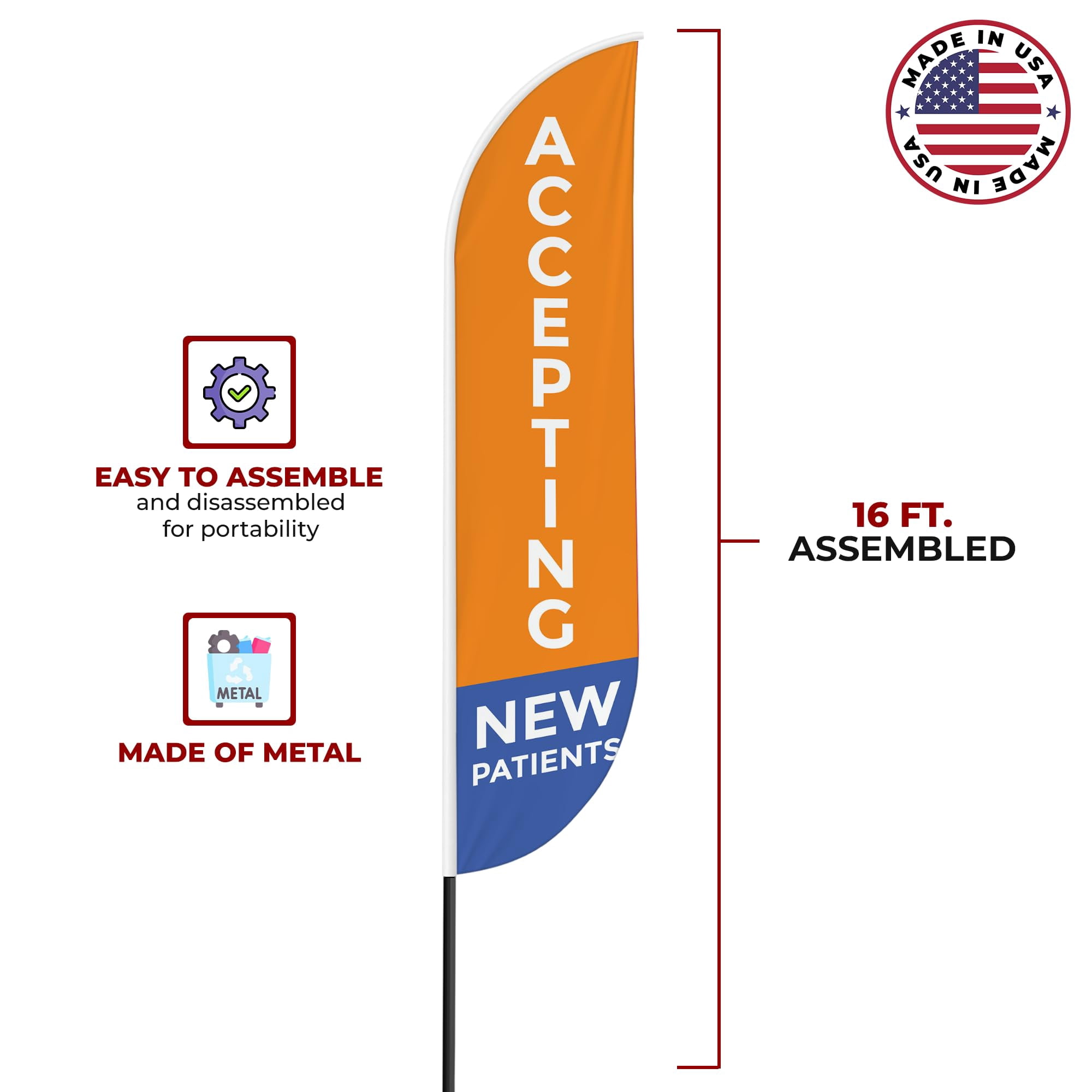 Accepting New Patients Sign feather flag for Outdoor by Mavis Print | 11.5 FEET Long Polyester Outdoor Banner Flag | HD Print Swooper I Flag Only to Promote Medicine| Made in USA I Flag Only