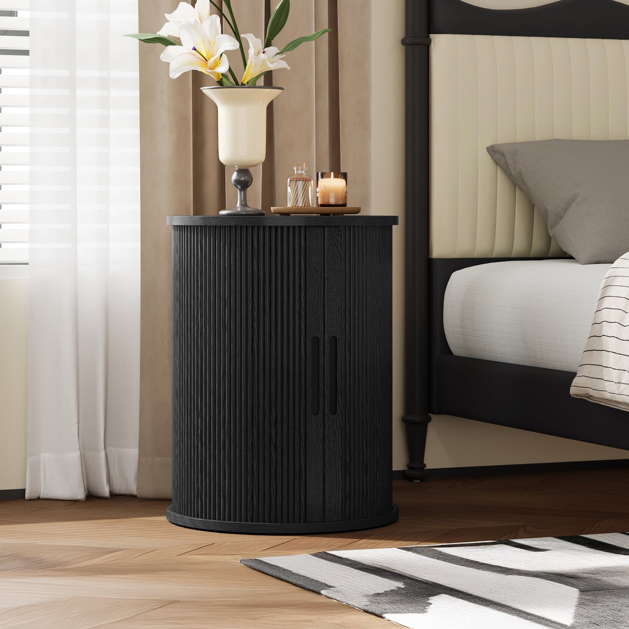 LINSY HOME Fluted Round End Tables for Living Room, Nightstand for Bedroom with with Sliding Tambour Door and Adjustable Shelves, Black(1 Pcs)