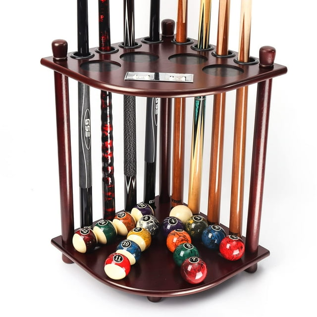 Gse Billiards Pool Stick Holder Only, Corner-Style Floor Stand Billiard Pool Cue Racks With Score Counters, Wood Billiard Cue Sticks Holds 8 Pool Cue Sticks A Full Set Of Balls(Mahogany)