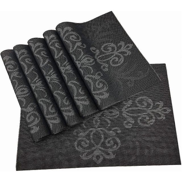 Luxury Black Placemats Set of 6 Crossweave Woven Vinyl Placemat for Dining Table Heat Resistant Non-Slip Kitchen Table Mats Easy to Clean