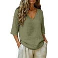 thumbnail image 5 of LIZUOJUN Women's Short sleeve T-shirt Linen Blend 3/4 Sleeve Blouse V Neck Casual Loose Solid Color Shirts for Women,Green M, 5 of 7