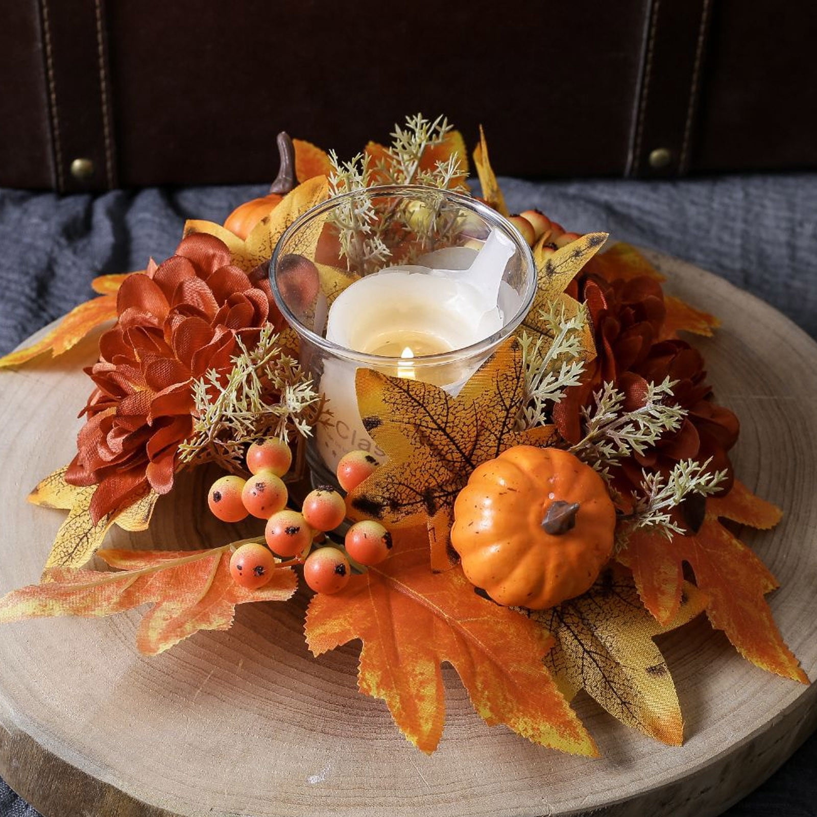 Couronne D’automne Porte-bougie Feuilles D’érable Artificielles - Décoration Table Thanksgiving - 25x25 Cm