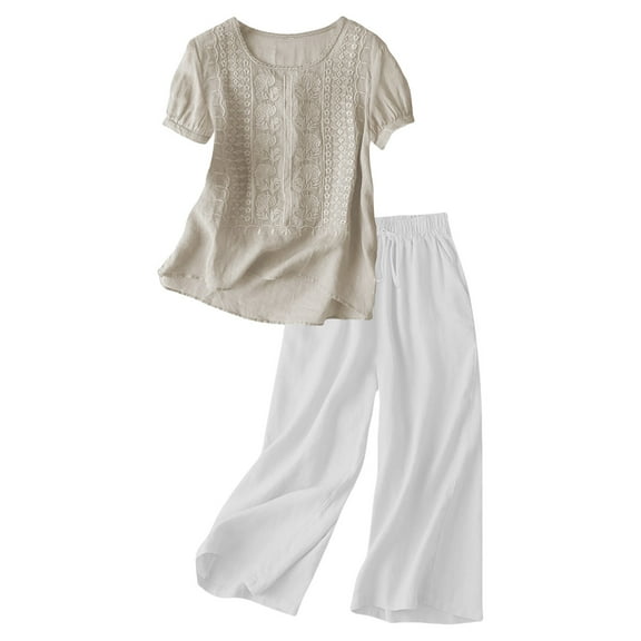 Holzkary Linen Sets for Women 2 Piece Embroidered Set Casual Loose Fit Outfit 2 Piece Outfits Sets Short Sleeve Shirts and Elastic Waist Long Pants Summer Casual Vacation Loungewear Beige L