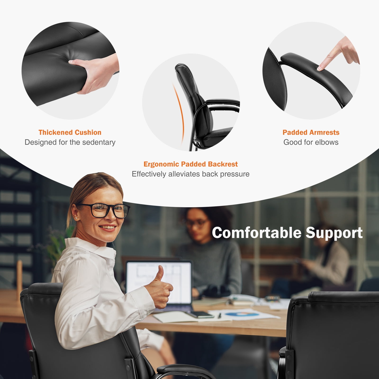 MAYEERTY Guest Chair, Reception Chair with Fixed PU Leather Padded Armrests for Office Waiting Room, Black, 1 Pack