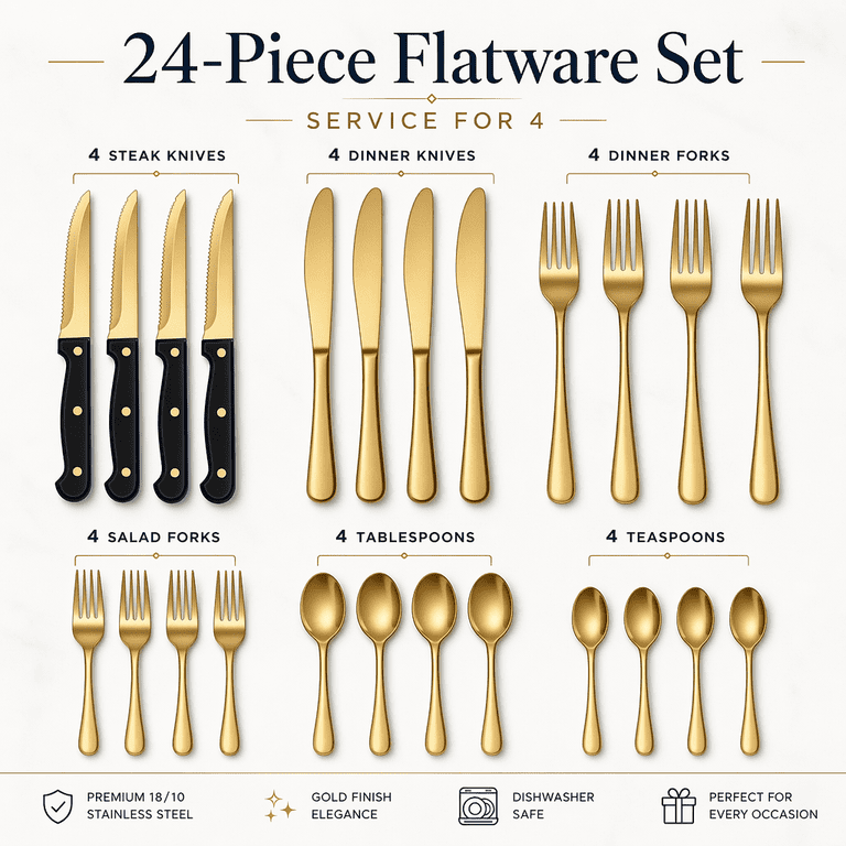 NULAS 24-Piece Gold Stainless Steel Flatware Set photo 5