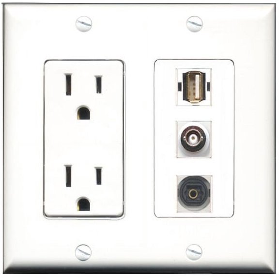 RiteAV - 15 Amp Power Outlet 1 Port USB A-A 1 Port Toslink 1 Port BNC Decorative Wall Plate