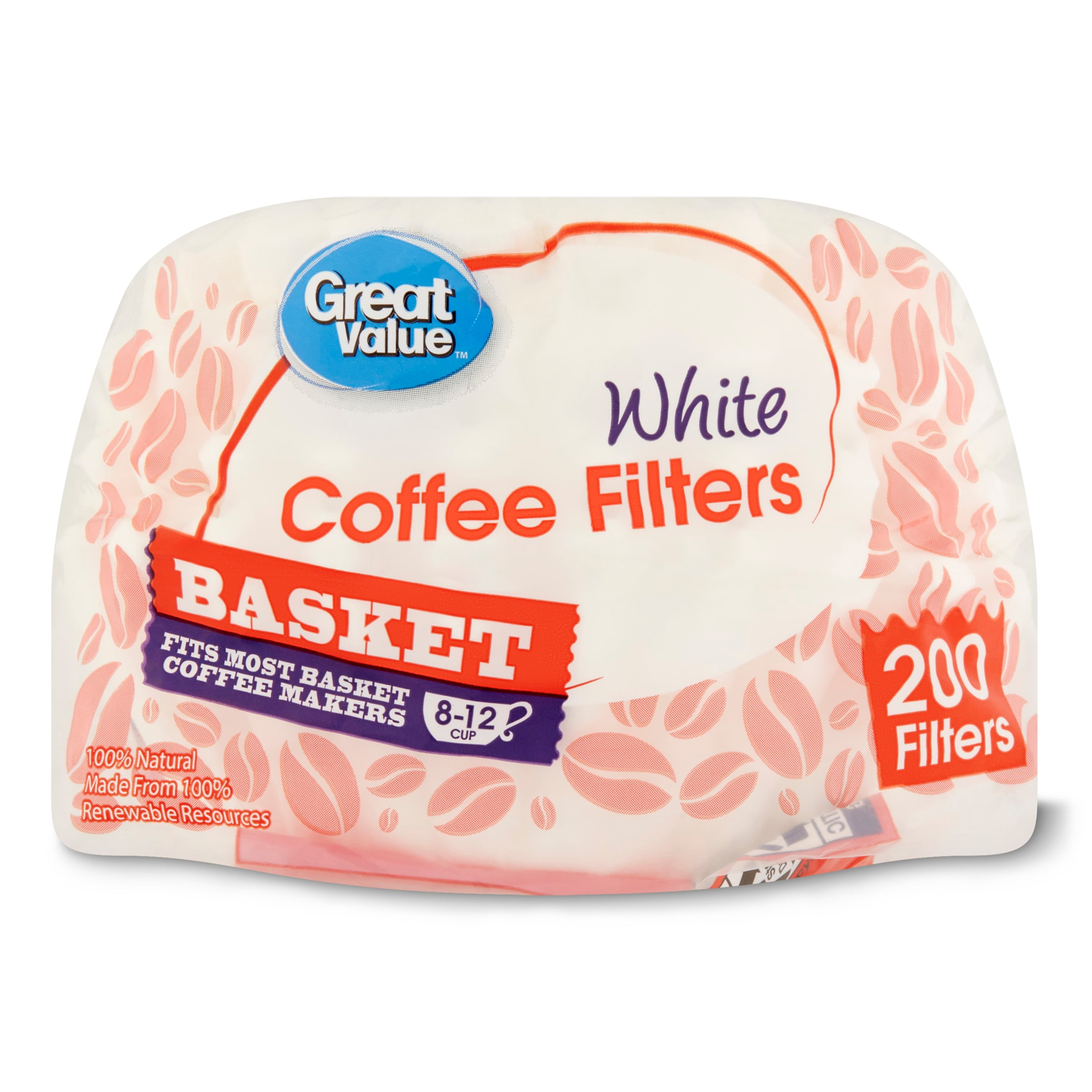 Great Value White Basket Coffee Filters, 200 count