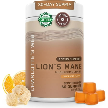 Charlotte's Web Focus Support Mushroom Gummies for Focus and Energy w/Lion’s Mane, Natural Cognitive Support Lions Mane Gummies for Adults — Tangerine Flavor (30 Servings)