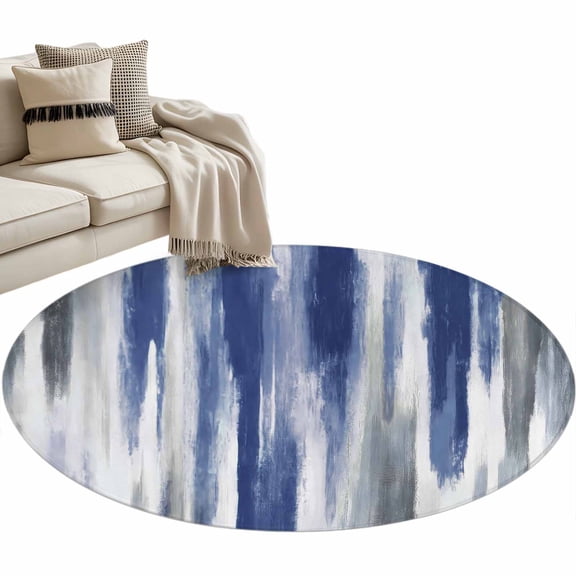 Round Rugs 4 Ft, Abstract Navy Blue Non Slip Area Rugs for Kitchen Bedroom Entryway, Vintage Grey Street Painting Art Washable Carpet Runner Rug Floor Mats for Bedroom Home Decor