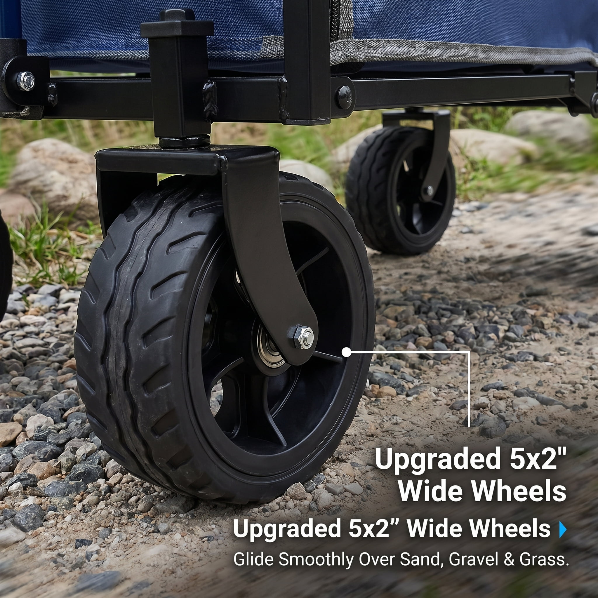 Folding Wagon with Wide Wheels, Collapsible Utility Cart, 220 lb Capacity, Lightweight Compact Beach Wagon with Full-Side Opening, Dog Leash, Steel Frame, Dark Blue