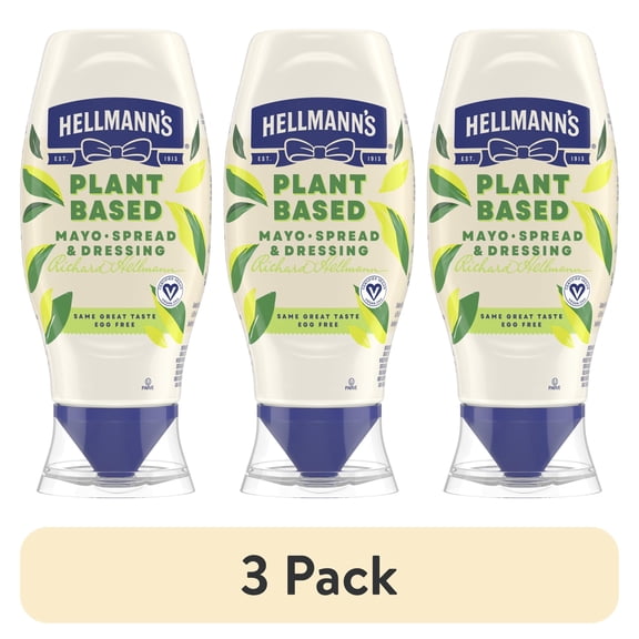 (3 pack) Hellmann's Plant Based Vegan Mayonnaise, Sandwich Spread Condiments, 11.5 oz Bottle
