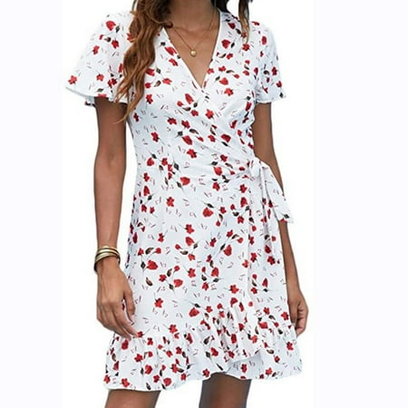 

YanHoo Women s Beach Dresses Ruffle Short Sleeve V Neck Waist Tie Sundress Summer Floral Print Mini Dress