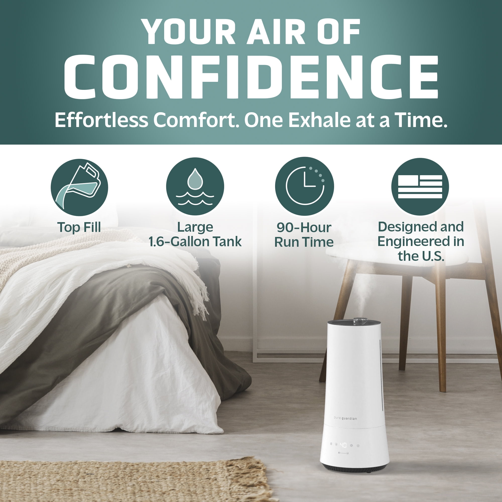 PureGuardian 475 Sq. ft. 90-Hour Cool Mist Ultrasonic Humidifier with Humidistat, 1.6 Gallons, H997W