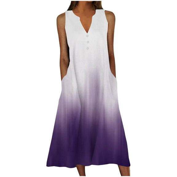 Dezsed Women Casual Dresses with Pocket Summer Floral Button V Neck Sleeveless Long Dresses Holiday Beach Midi Dress Purple 4XL