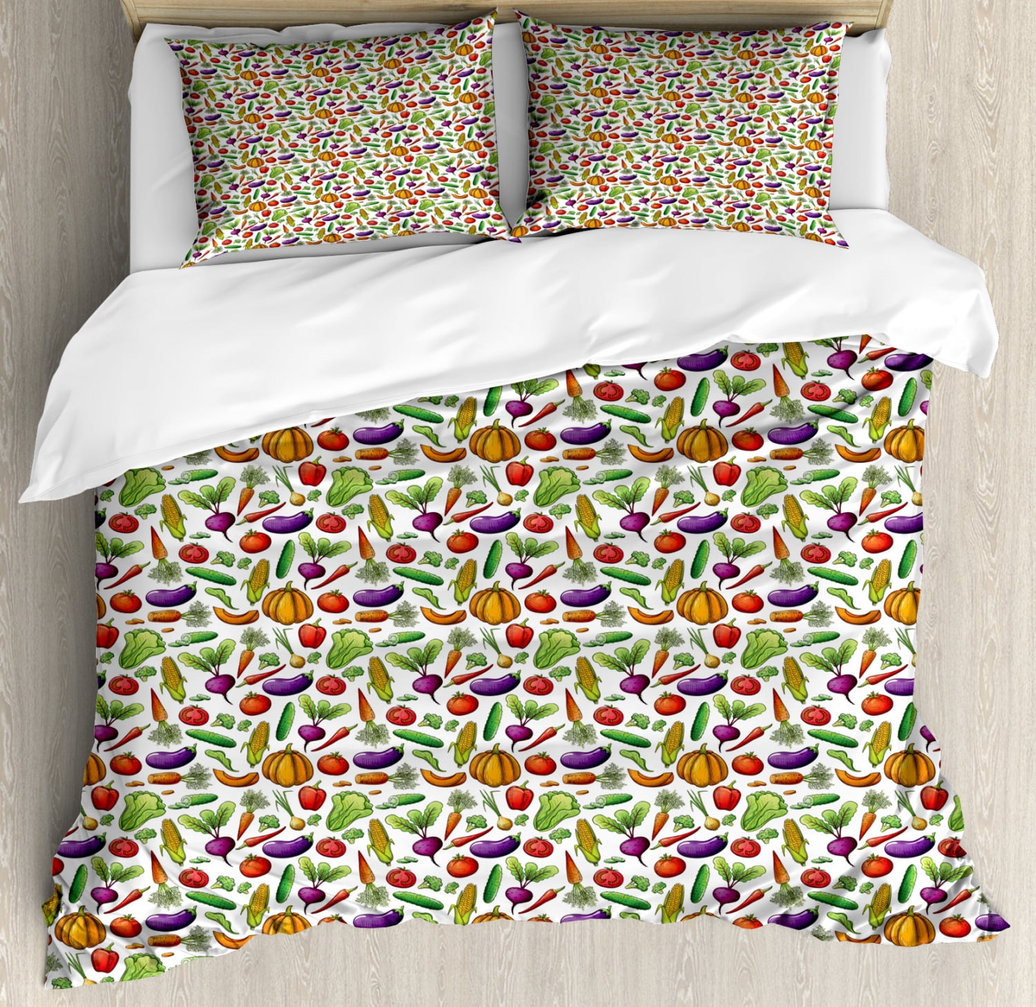 Vegetable Duvet Cover Set King Size, Sketch Style Pumpkin Eggplant