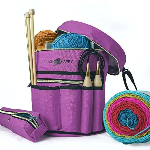 Knitting Bag Yarn Tote Organizer w/Tool Case, 7 Pockets + Divider for Extra Storage of