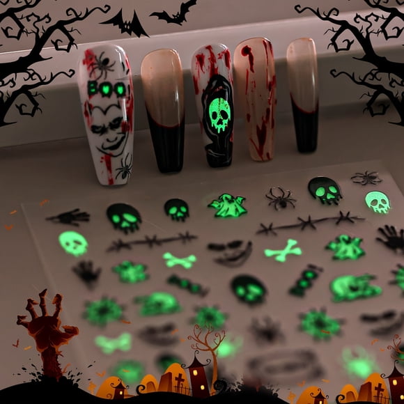 Halloween Glow in the Dark Nail Art Stickers Decals - Resin Self-Adhesive Cartoon Horror Embellishments with Glitter - Skeleton, Bat, Pumpkin, Spider, Ghost Designs for DIY Manicure - Single Use Oblon