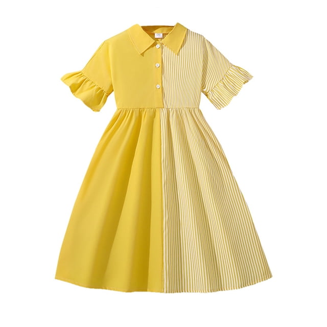 Bwiyojiz Fashion Sizes 130-170 Spring and Summer Short Sleeve Flip Collar Button up Dress, Yellow