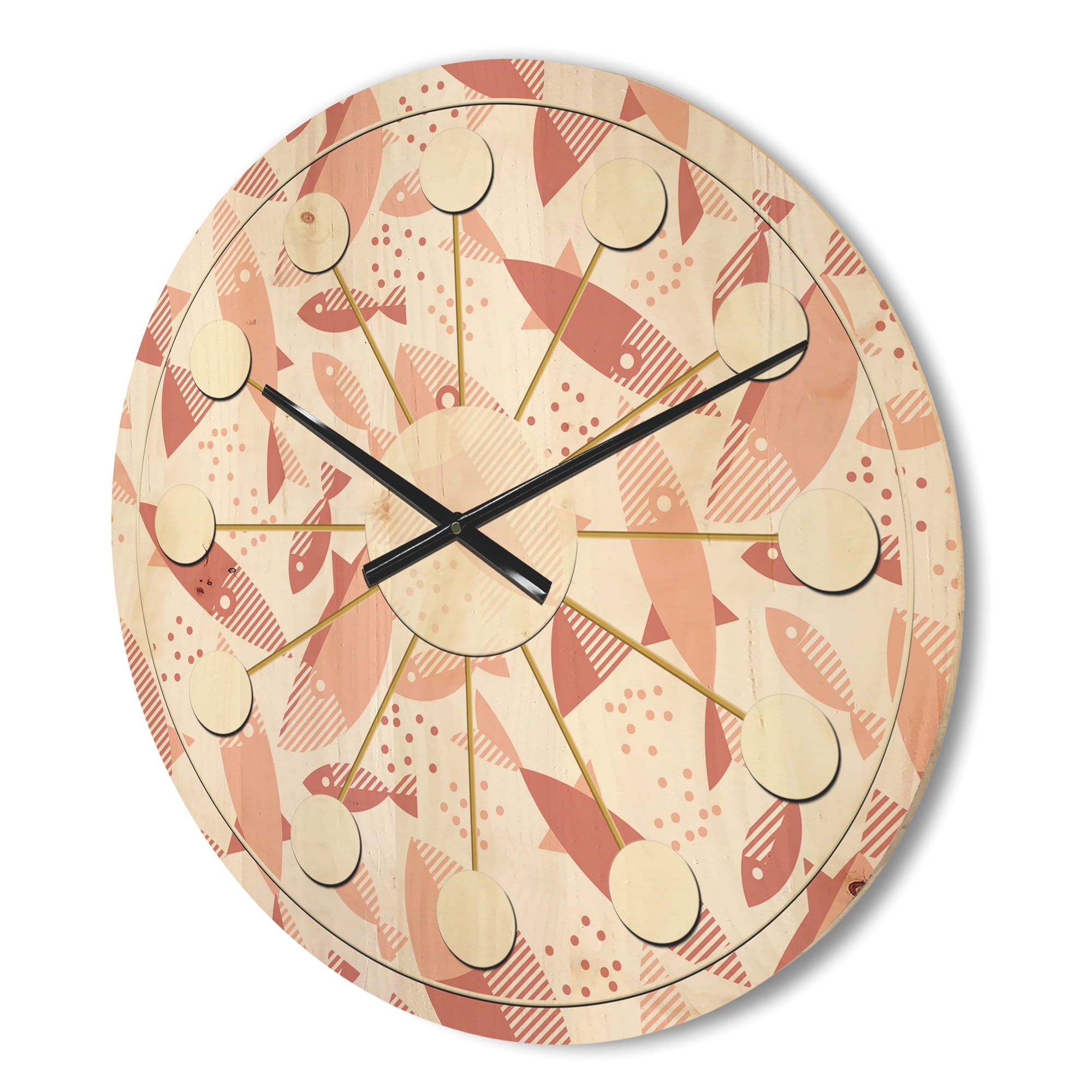 Designart 'Pink Fishes Retro Pattern' Mid-Century Modern Wood Wall Clock