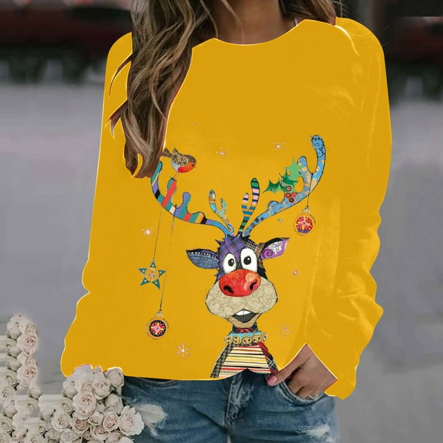 Pntutb - Sudadera con estampado navideño de manga larga para mujer, informal, a la moda, blusa Pntutb Pntutb-1237