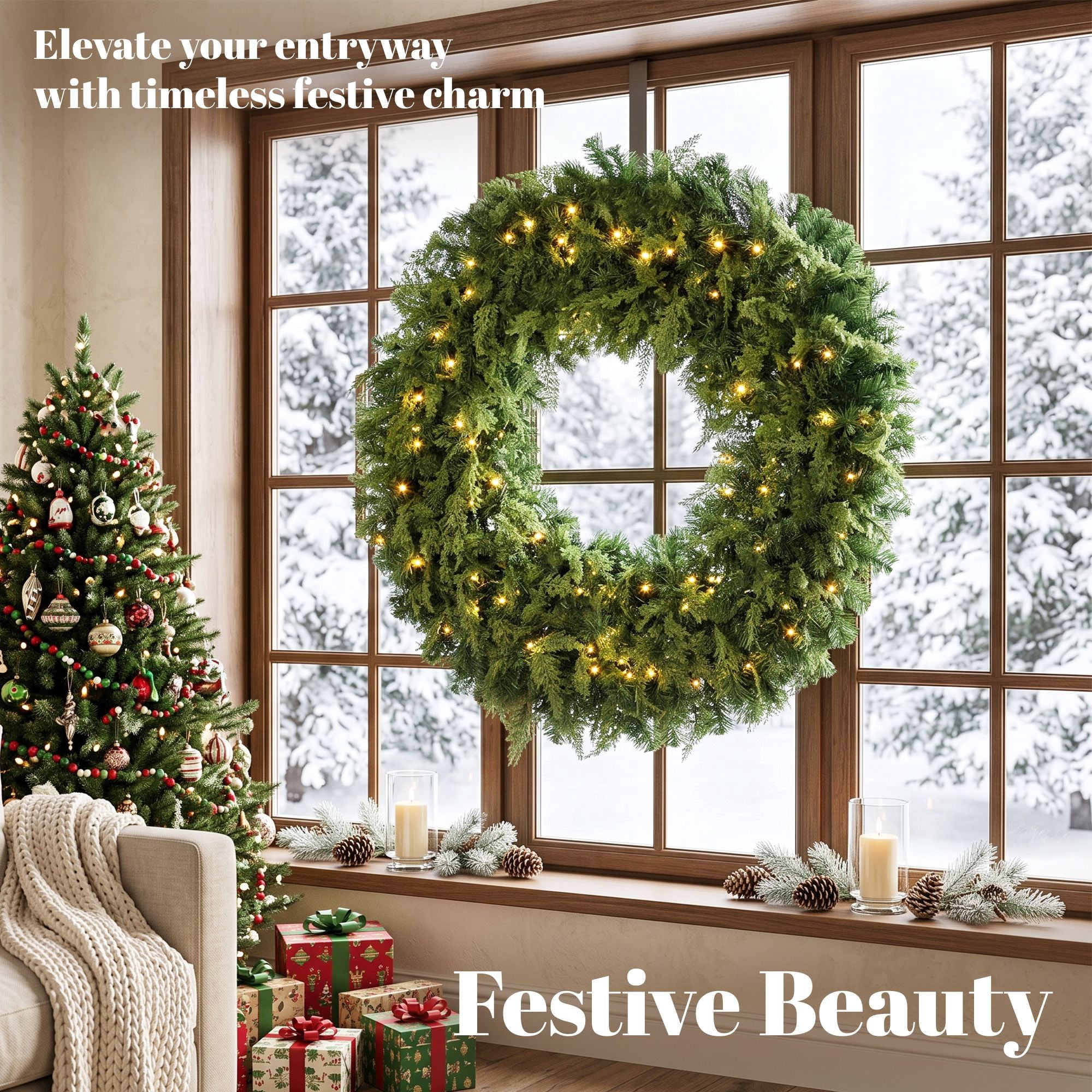 Pre-Lit Artificial Christmas Wreath, 48 in Cedar Design with 150 Warm White LED Lights, 8 Modes, 550 Tips, Indoor and Covered Outdoor Use