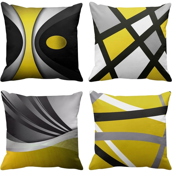 Set of 4 Yellow Throw Pillow Covers Modern Abstract Black Grey Stripes Gray White Acrylic Bold Decorative Pillow Cases Home Decor Square 20x20 Inches Pillowcases