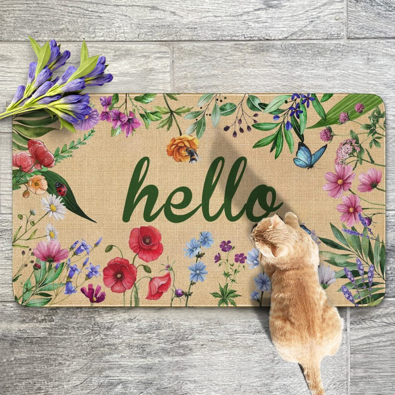 Feisina NonSlip Hello Floral Decor Mat 17"x30" Colorful Flowers