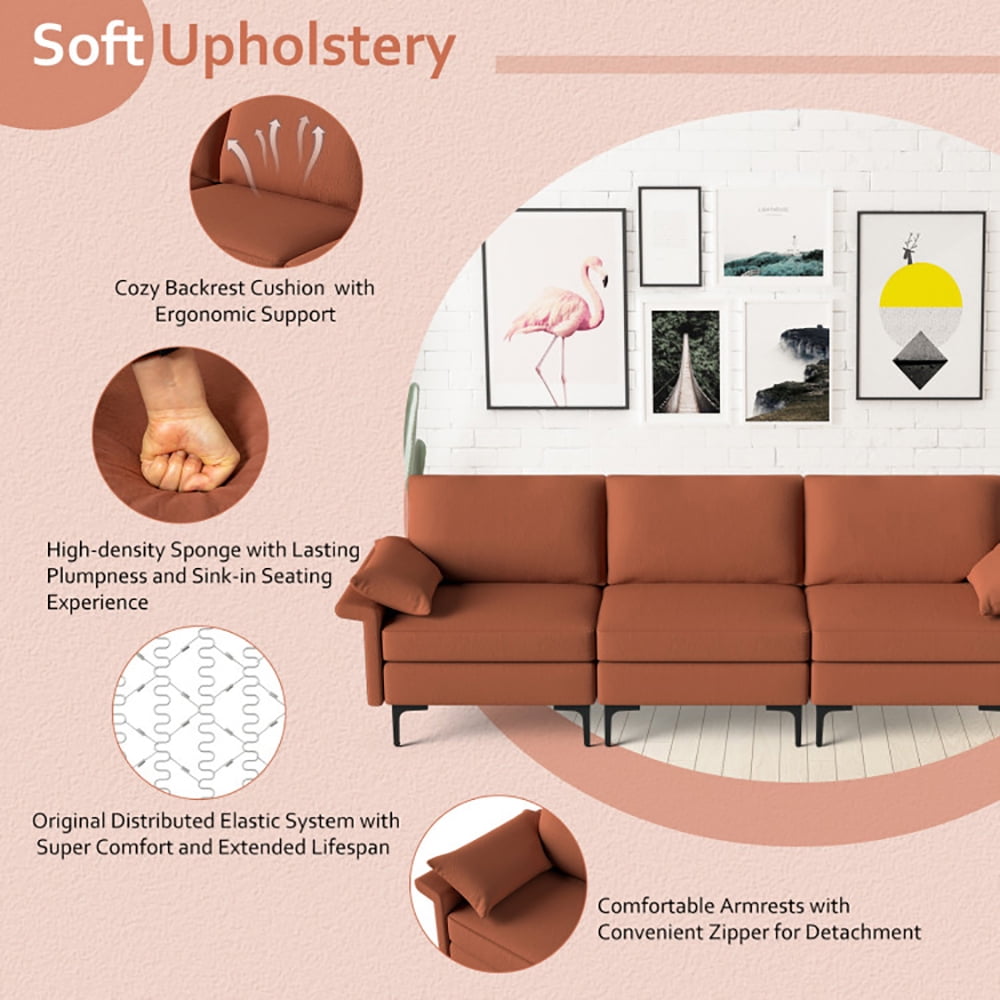 Finihen Sectional Sofa Couch, 3-Seat Sofa, Large 3-Seat Sofa Sectional with Metal Legs and 2 USB Ports for 3-4 people, for Living Room, Bedroom, Rust Red Finihen Sectional Sofa Couch, 3-Seat Sofa, Large 3-Seat Sofa Sectional with Metal Legs and 2 USB Ports for 3-4 people, for Living Room, Bedroom, Rust Red