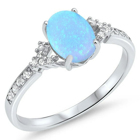 CHOOSE YOUR COLOR Clear CZ Oval Blue Simulated Opal Ring .925 Sterling Silver Band White Female Size 5
