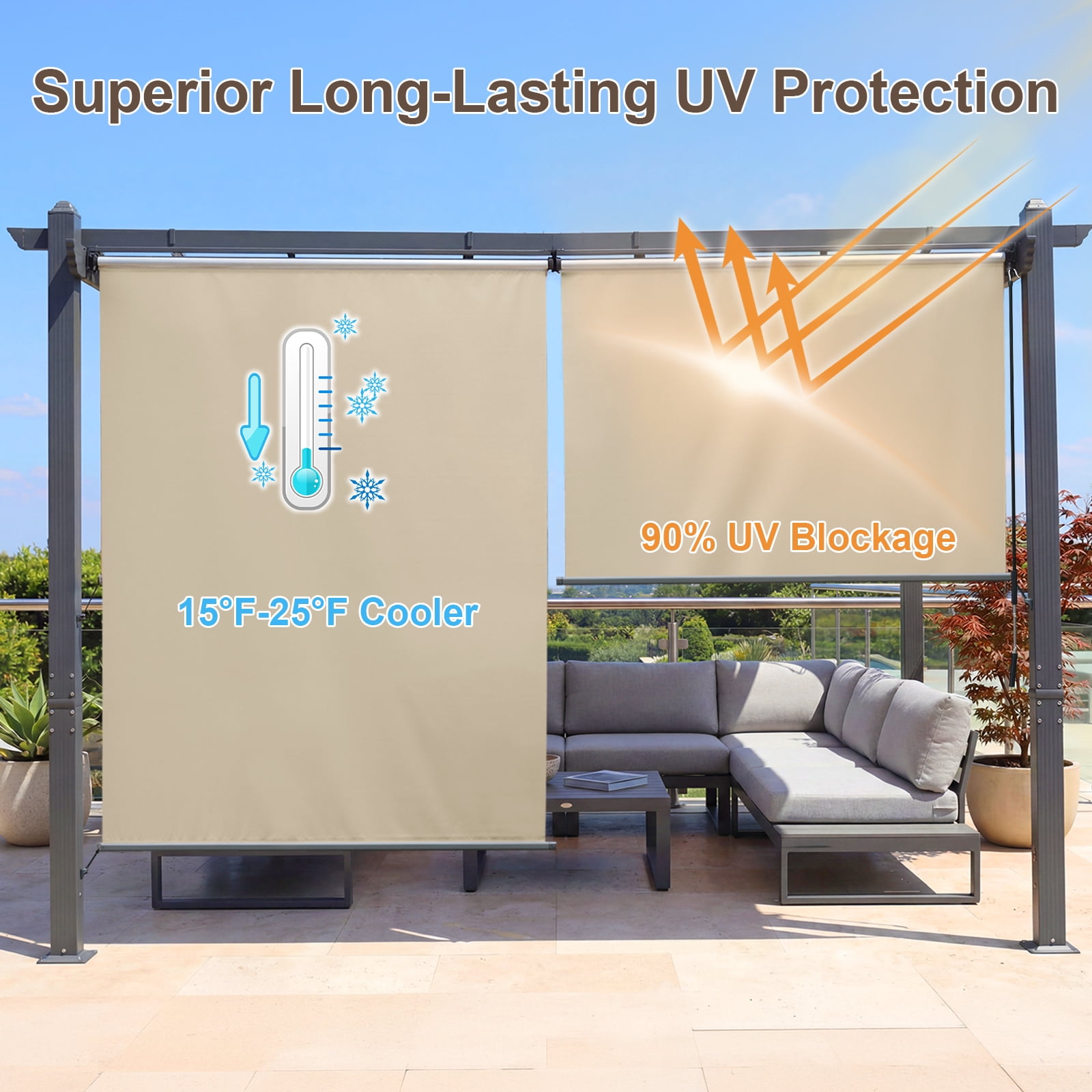 Aoodor 4.8x6 FT Aluminum Pergola Roller Shade - Cordless Gazebo Curtain, 2-Pack for Outdoor Pergola or Gazebo, Brown