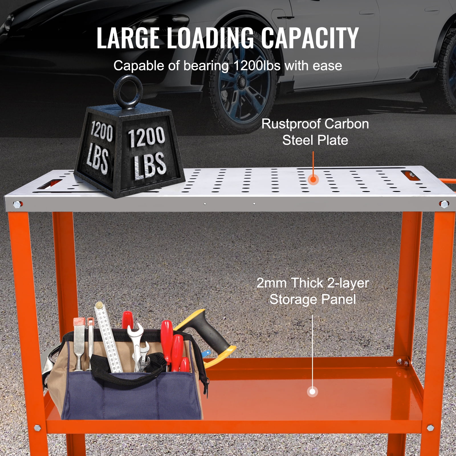 KFFKFF 36x18-inch Steel Welding Table, Supports up to 1200lbs, Mobile Workbench with Brake-Enabled Locking Casters, Includes 4 Tool Slots, 5/8-inch Fixture Holes & Tool Tray