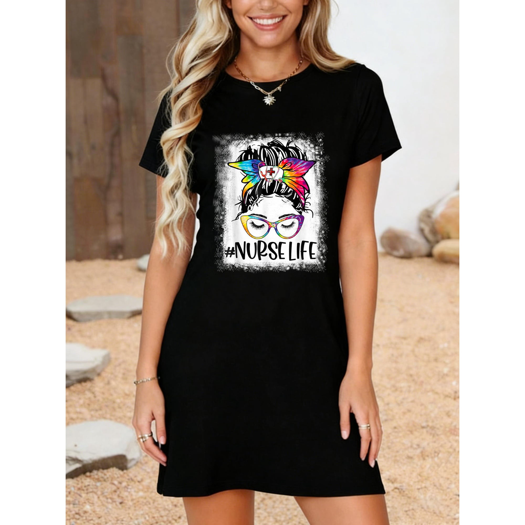Womens Nurse Life Bleached Tie Dye Messy Bun Nurse Week 2022 T-Shirt Dress Casual Summer Dress Everyday Outfit