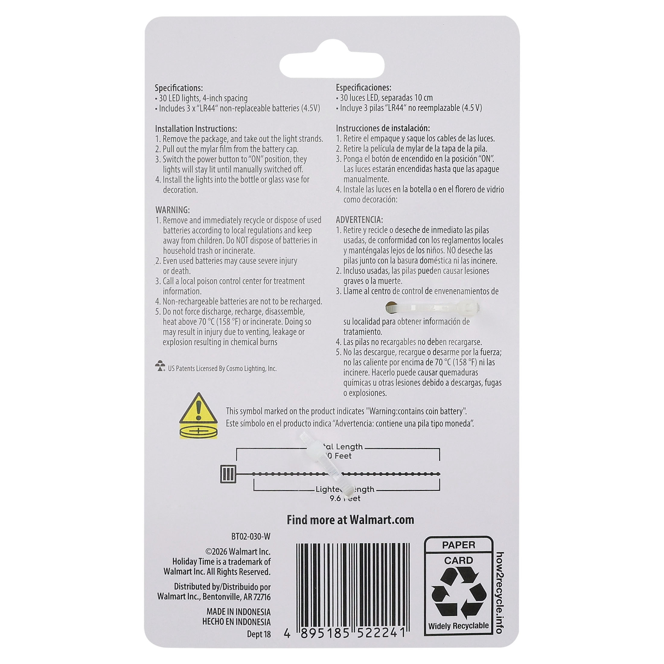 Indoor 30-Count Battery-Operated LED Bottle Insert Christmas String Lights, Warm White, Silver Wire, 9.6', by Holiday Time