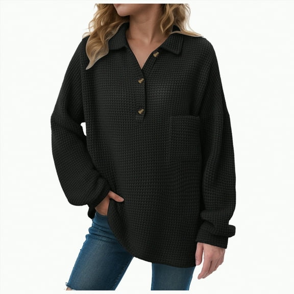 Kaprioy Womens Tops Waffle Knit V-Neck Long Sleeve T-shirts Button Down with Pockets Tunic Early Fall Fashion Clothing Black, XL