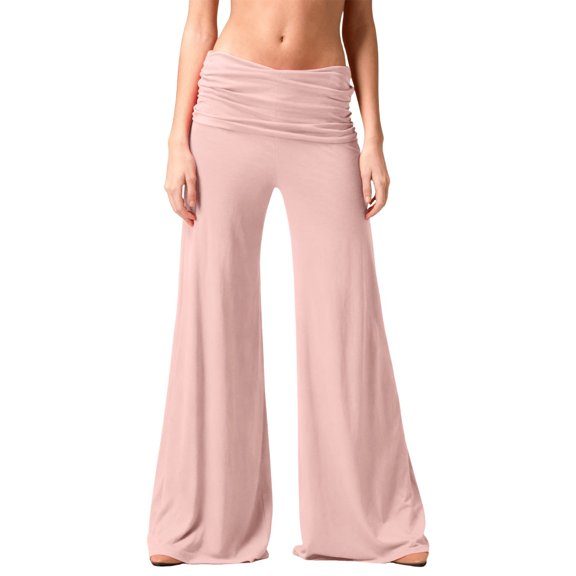Womens Pants Coral Fold Over Yoga Pants On Solid Wide Leg Loose Fit Pants With Ruched Waist For Yoga Sports Everyday Athletic Seamless Summer Wide Leg Yoga Pants For Women Light Pink XXL