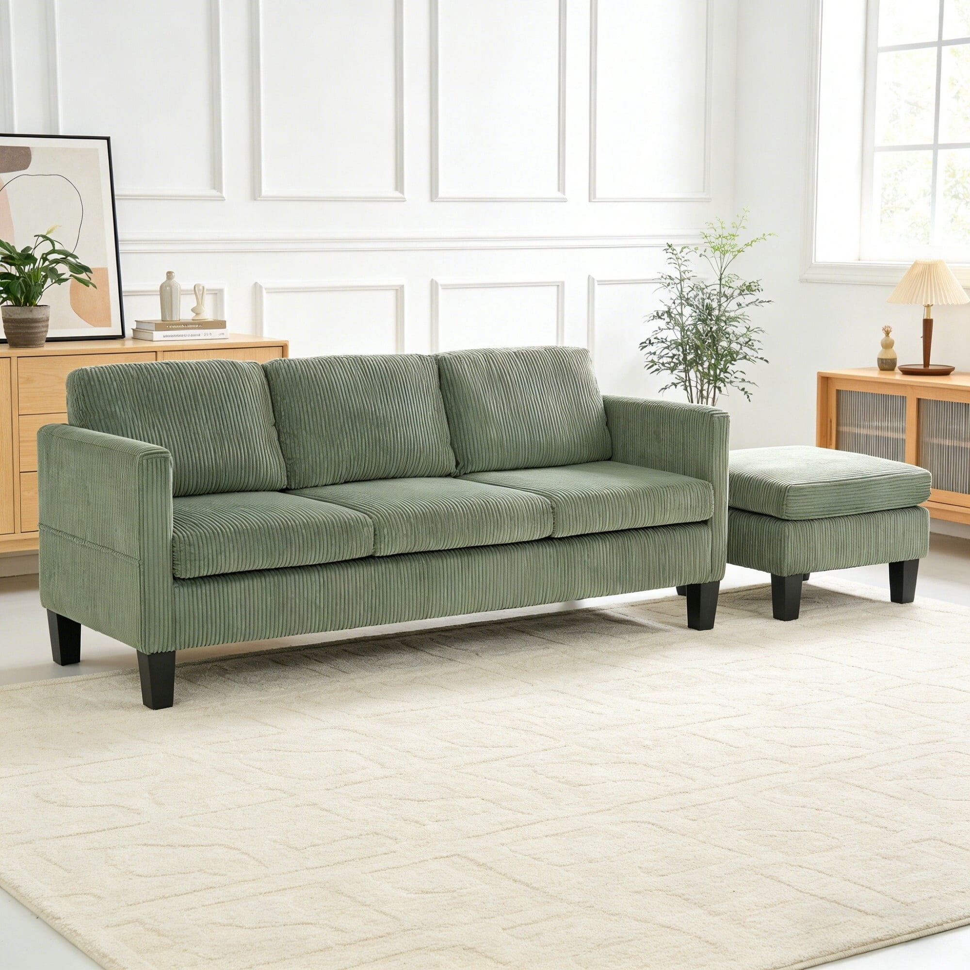 AENKYO 67" L-Shaped Corduroy Sectional Sofa with Storage Ottoman, Modern 3-Seat Couch w/ Side Pockets, Green