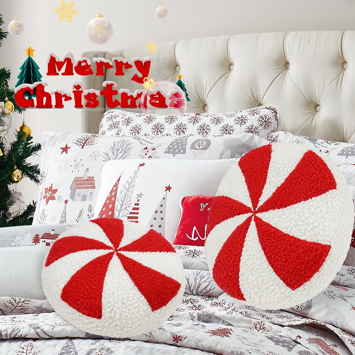Accessoire Déco Salon Hiver Oreiller Déco Noël En Forme De Canne En Sucre D' Orge - Coussin Doux Rouge Et Blanc 53cm Oreiller Noël Canne Sucre