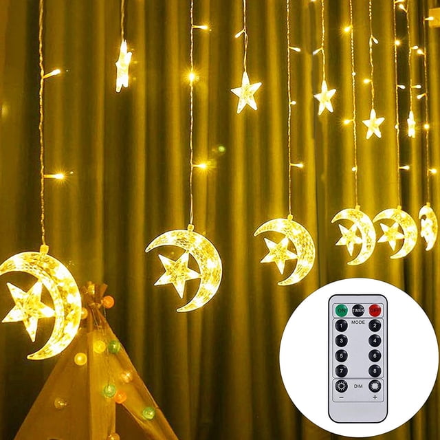 Twinkle Star - Cortina de luces LED con forma de luna y estrellas (138 LED), alimentada por USB, con control remoto, 8 modos, ideal para Ramadán, Navidad, bodas, fiestas, hogar, patio, césped, etc.