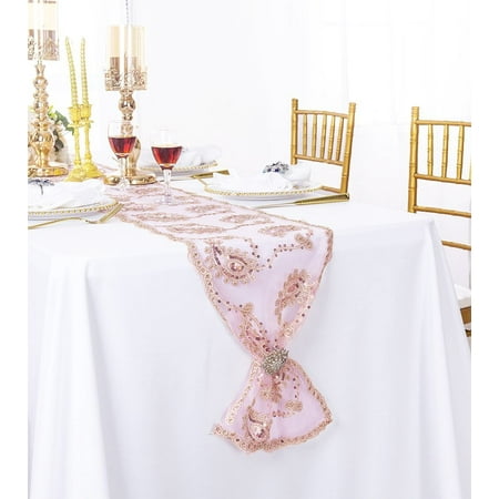 

Wedding Linens Inc. 13 x 108 Paisley SEQUIN Embroidery Lace Table Runner for Wedding Decoration Party Banquet Events - Blush Pink/Rose Gold