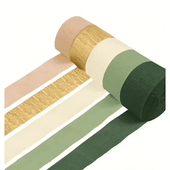 5Pcs Sage Green Gold Beige Crepe Paper Rolls Streamers Hanging Backdrops for Spring Summer Theme Birthday School Camp Wedding Baby Bridal Shower Woodland Party Home Shop Wall Decorations Supplies
