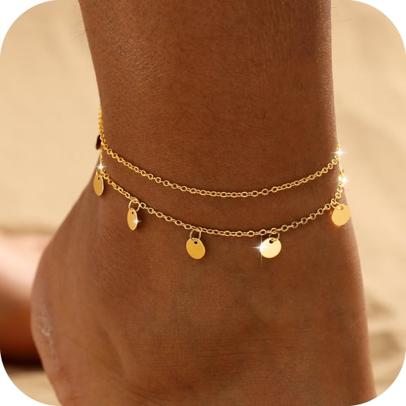 GOSFRY 14K Gold Plated Anklet Bracelet for Women Layered Round Piece Pendant Bohemian Style Sparkling Beach Anklet Jewelry