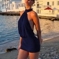 thumbnail image 4 of Morttic Backless Halter Mini Dress for Women – Ruched Waist Sleeveless Tight Fit Solid Color Beach Dress Vacation Outfit Navy Blue，L, 4 of 6
