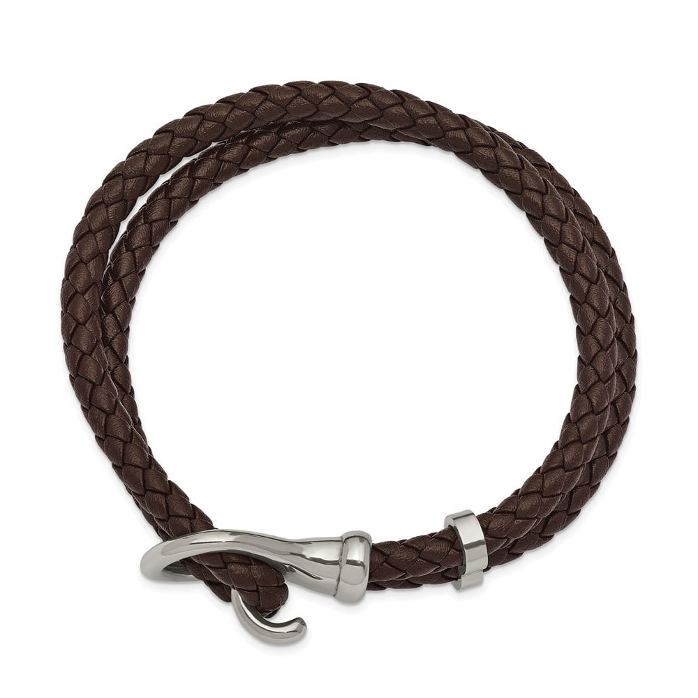 Diamond2Deal Stainless Steel Polished Brown Braided Leather Bracelet for Men 8"