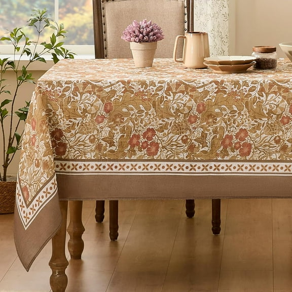 Spring Tablecloth Rectangle, Designer Pattern Vintage Linen Tablecloth with Flowers and Leaves, Floral Boho Farmhouse Table Cover Cloth Decorative for Kitchen Dining Room(60x87 Inch)