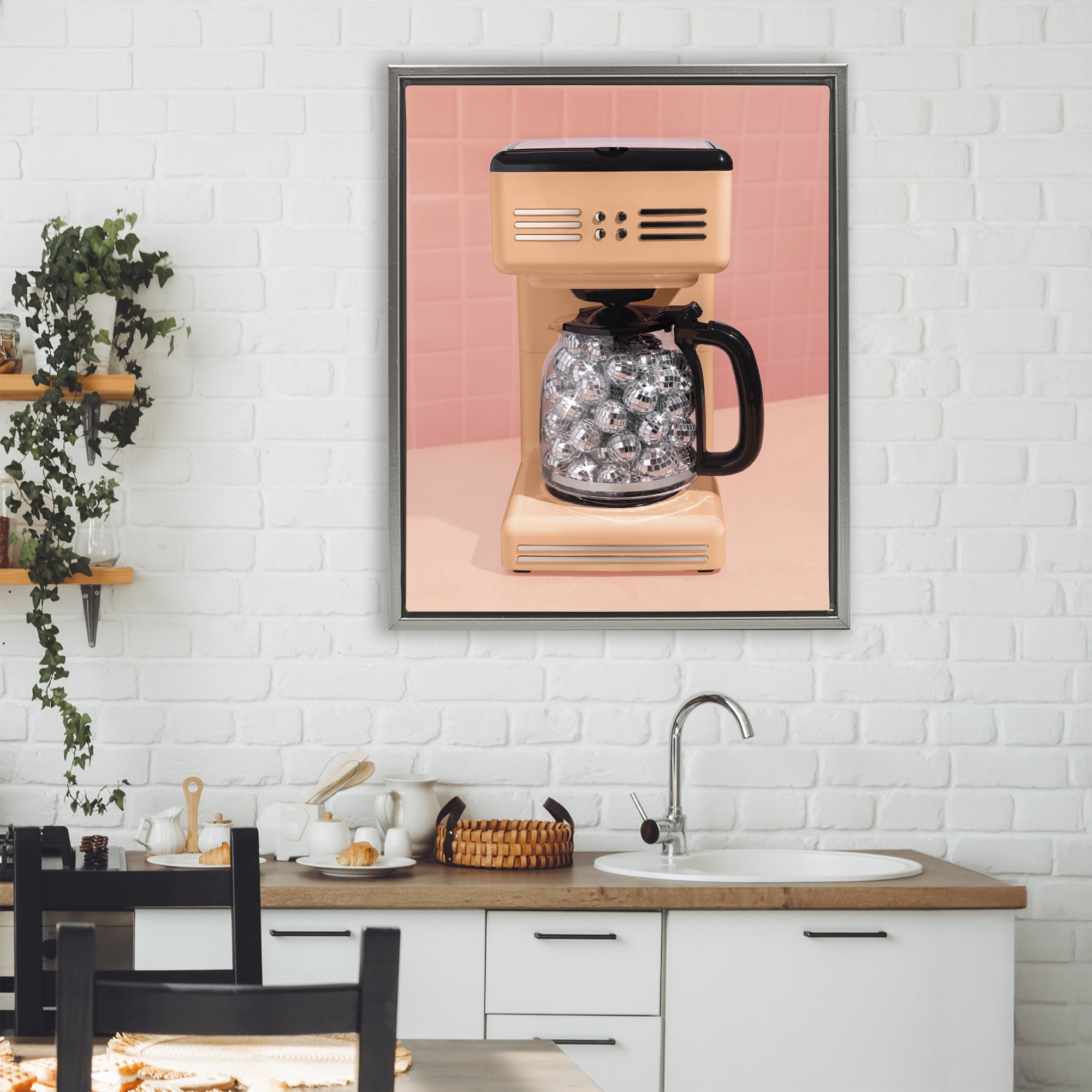 Stupell Industries Disco Coffee Maker over Orange Gray Framed Floater Canvas Wall Art, design by LISH Creative